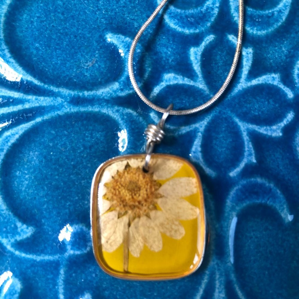 Pressed Daisy Pendant on Silver Chain